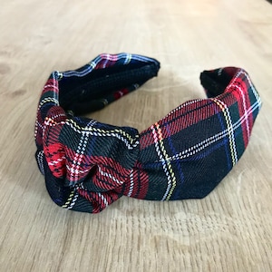 Navy Blue and Black Tartan Knotted Headband Plaid Black