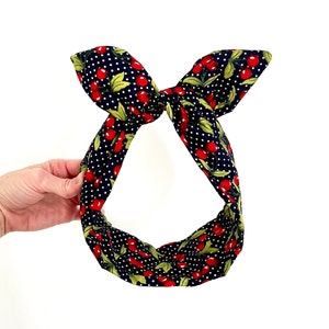 Navy Blue Cherry Wired Headband | Hair Wrap