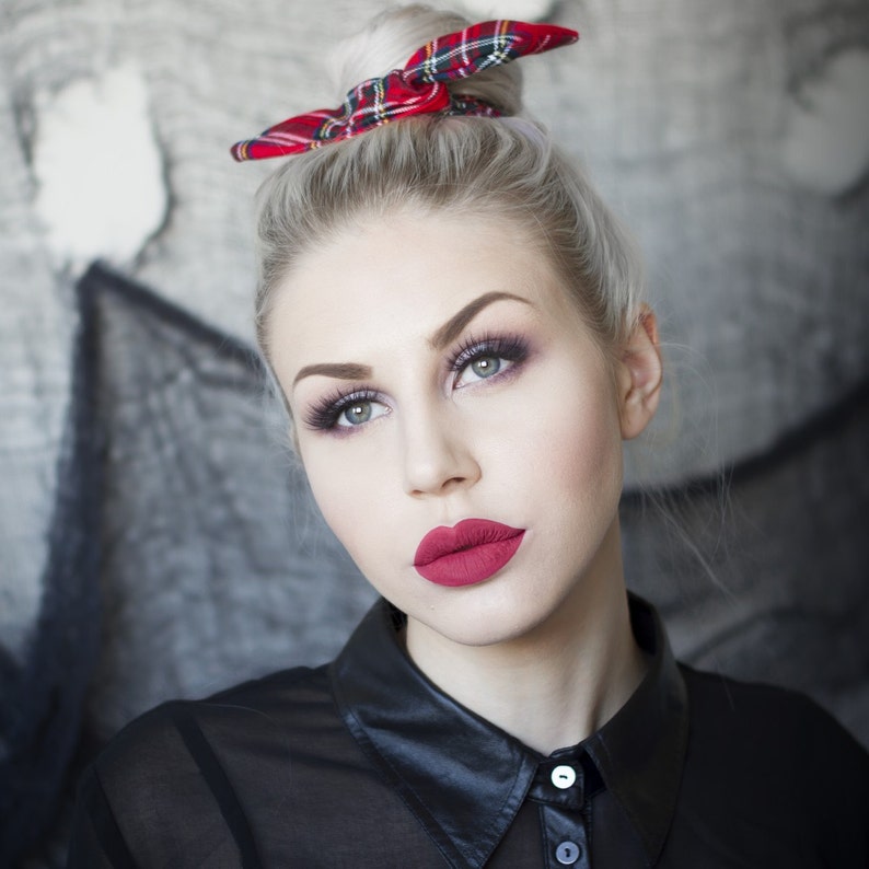 Red Tartan Wire Hair Bun Wrap - Top knot image 1