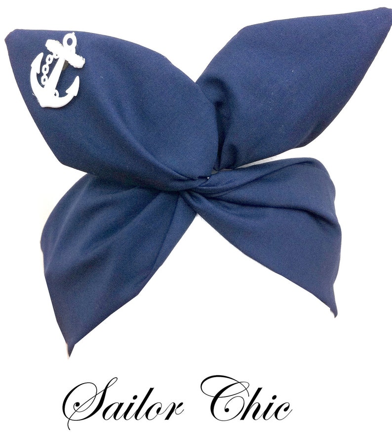 Navy Blue Nautical Wired Headband With White Anchor Motif Sailor Hair Wrap image 2