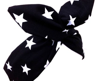 Black with white star print wire headband hair wrap Rockabilly Pin up