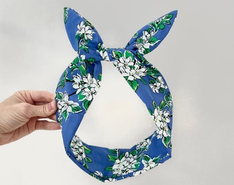 Blue with White Cherry Blossom Print Wired Headband