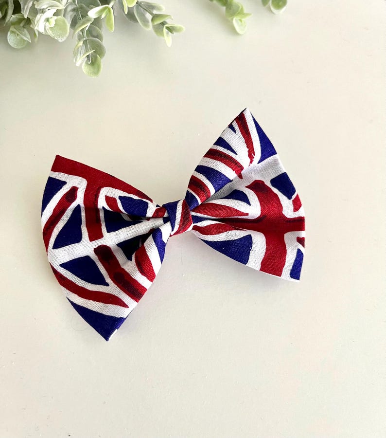 May include: A red, white, and blue bow tie with a geometric pattern. The bow tie is made of fabric and is tied in a knot.