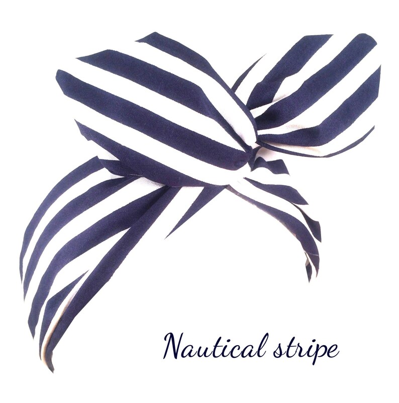 Navy Blue & White Stripe Nautical Wired Headband Hair Wrap image 1