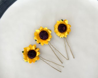 Yellow sunflower hair pins set of three | summer floral hair clips | wedding flower hair pins