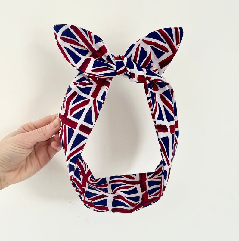 Rockabilly Pin up Patriotic Red, White & Blue.. Vintage Union Jack Great Britain Print Wire Headband Hair Wrap image 1