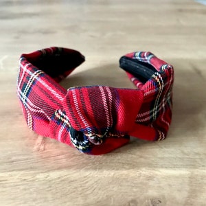 Navy Blue and Black Tartan Knotted Headband Plaid Red