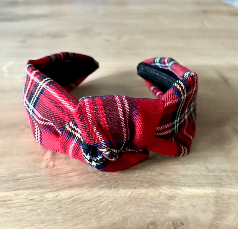 Navy Blue and Black Tartan Knotted Headband Plaid Red