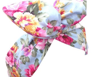 Blue with pink vintage floral print wired headband