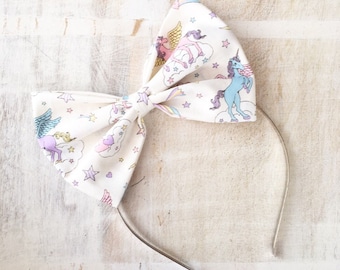 Cute pastel white Unicorn and rainbow print large bow headband Pin up Kawaii