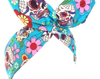 Blue Sugar Skull Flower Print Wired Headband - Hair Wrap