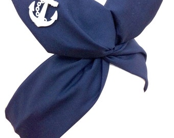 Navy Blue Nautical Wired Headband With White Anchor Motif - Sailor - Hair Wrap