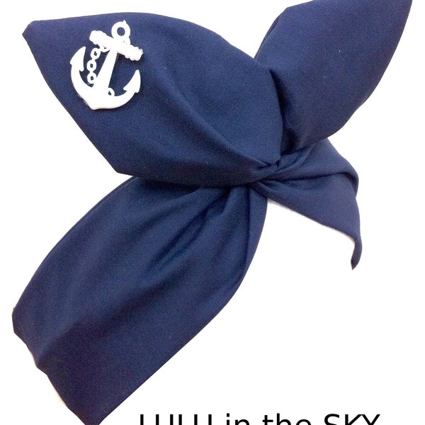 Navy Blue Nautical Wired Headband With White Anchor Motif - Sailor - Hair Wrap