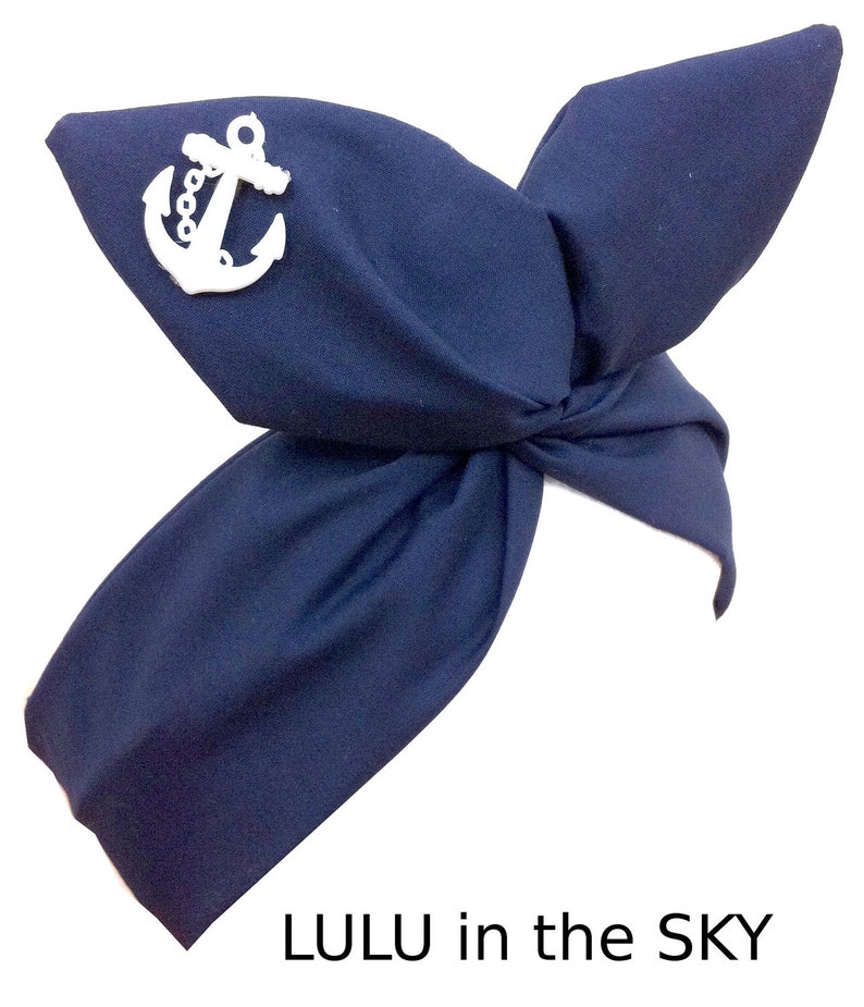 Navy Blue Nautical Wired Headband With White Anchor Motif Sailor Hair Wrap image 1