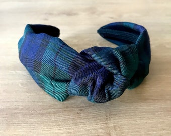 Navy Blue, green and Black Tartan Knotted Headband | Plaid |