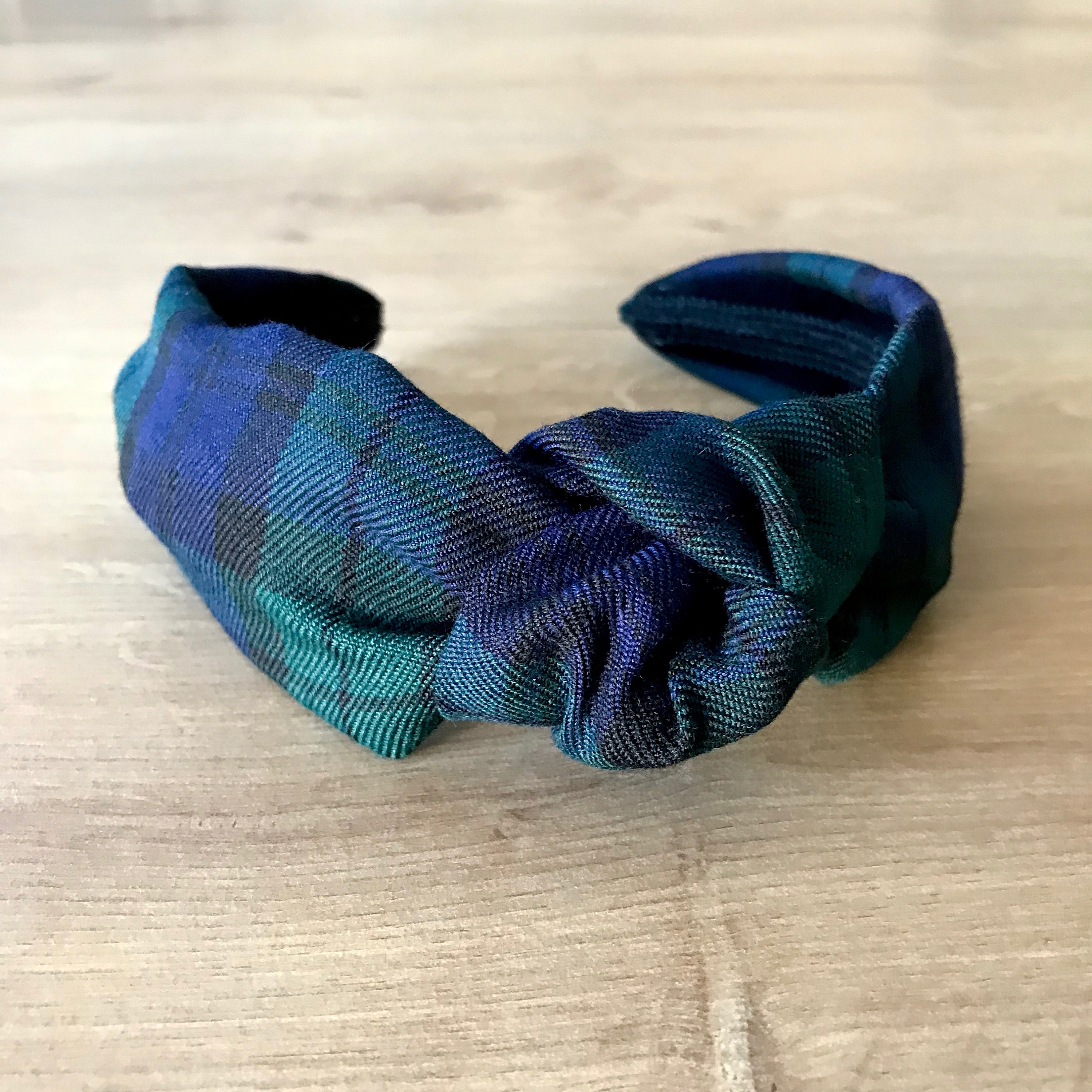 Navy Blue, Green and Black Tartan Knotted Headband | Plaid  display picture 3