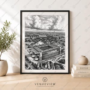 May include: A black and white framed wall art print featuring an aerial view of a large stadium with a rectangular field, surrounded by urban buildings and trees under a cloudy sky. The artwork is displayed in a thin black frame on a surface.