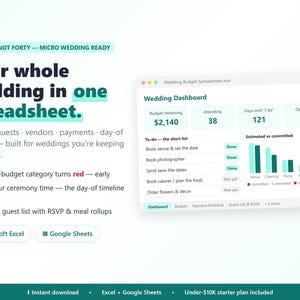 Kalkylblad för bröllopsbudget | Allt-i-ett-planeringsmall i Excel och Google Sheets | Gästlista, OSA, leverantörstidslinje | Mikrobröllop under 10 000