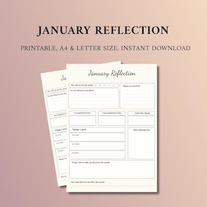 May include: Two printable January Reflection sheets. The top sheet has the title "January Reflection" in a script font. The sheets include prompts for rating the month, favorite memories, goals, and things to stop, start, and keep.