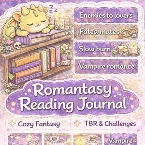 May include: A Romantasy Reading Journal with a whimsical design. The cover features a sleeping dragon on books, a bookshelf, and text that reads "Viral on Booktok." Includes sections for "Enemies to lovers," "Fated mates," and "Vampire romance."