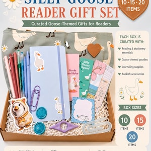 May include: A gift set featuring a light blue notebook, pens, bookmarks, stickers, and a tote bag with goose illustrations. The box includes text reading SILLY GOOSE READER GIFT SET, Curated Goose-Themed Gifts for Readers, and lists items.