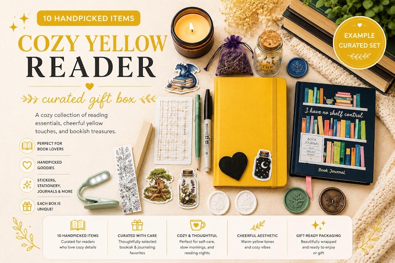 Puede incluir: Un set de regalo curado que incluye un diario amarillo, un diario de lectura azul oscuro titulado I have no shelf control, una vela, una luz peque&ntilde;a, pegatinas, sellos de cera, un bol&iacute;grafo y una bolsa de flores secas sobre una superficie clara.