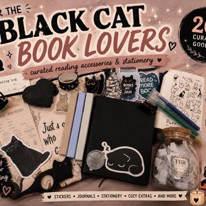 May include: A collection of stationery and reading accessories featuring black cat illustrations. Items include a black journal, a glass jar labeled TBR, pastel markers, stickers, a reading log, and a canvas pouch, all themed around black cats and books.