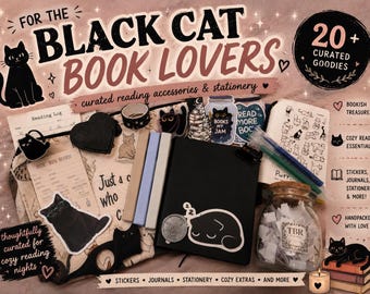 May include: A collection of stationery and reading accessories featuring black cat illustrations. Items include a black journal, a glass jar labeled TBR, pastel markers, stickers, a reading log, and a canvas pouch, all themed around black cats and books.