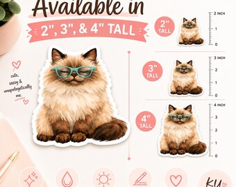May include: A vinyl sticker featuring a fluffy, light brown cat with dark brown points and teal glasses. The text reads: VINYL STICKER Available in 2", 3", & 4" TALL, cute, sassy & unapologetically me., HIGH QUALITY VINYL, WATERPROOF, WEATHER RESISTANT, SCRATCH RESISTANT, MADE WITH LOVE, KU KINDLY UNHINGED.