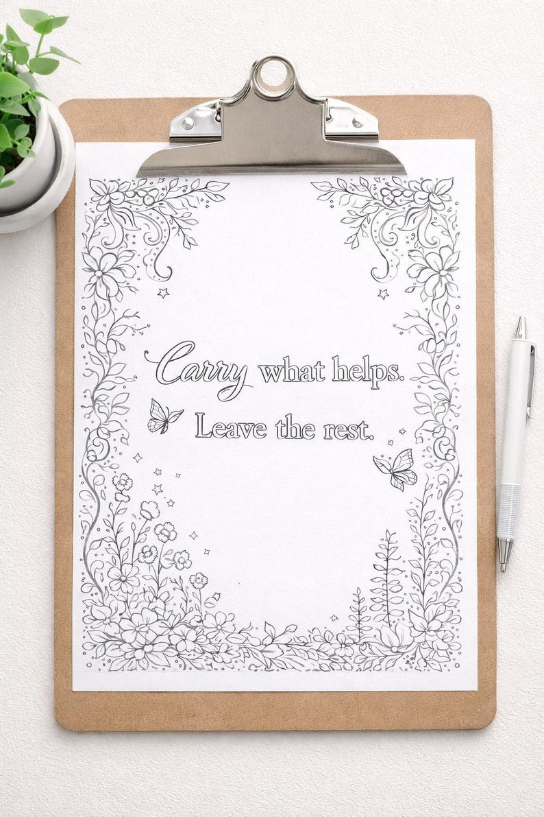 May include: A clipboard with a white paper featuring a floral border design and the text "Carry what helps. Leave the rest." A pen rests on the right side. The clipboard has a silver clip and a brown backing.