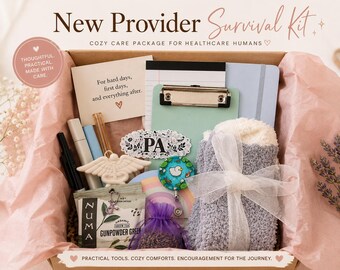 May include: A gift box labeled "New Provider Survival Kit" contains a variety of items. These include a notepad, clipboard, tea, socks, and other small gifts. The box is lined with pink tissue paper and tied with a white ribbon.
