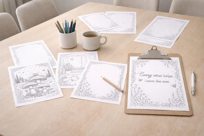 May include: A collection of coloring pages, pencils, and a clipboard with the text "Carry what helps. Leave the rest." are arranged on a light wood table. The coloring pages feature floral borders and whimsical illustrations, alongside a cup of tea.