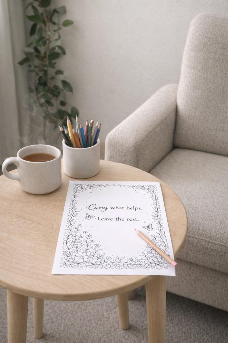 May include: A serene scene featuring a round wooden table with a cup of tea, a small white ceramic container filled with colored pencils, and a coloring page with the text "Carry what helps. Leave the rest." A pencil rests on the page. A beige armchair is in the background.