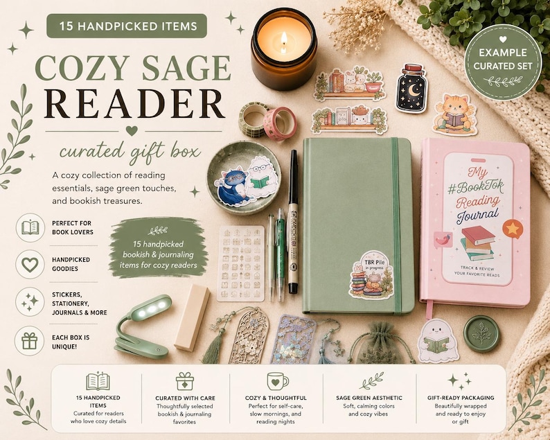 Puede incluir: Un set de regalo curado que incluye un diario verde salvia, un diario de lectura rosa My BookTok, una vela, bol&iacute;grafos, pegatinas, una peque&ntilde;a luz de lectura, un sello de cera y marcap&aacute;ginas. La colecci&oacute;n contiene quince art&iacute;culos de papeler&iacute;a.