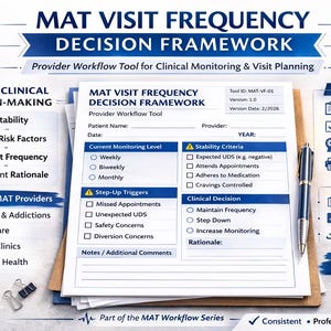 May include: A document titled "MAT Visit Frequency Decision Framework" with a pen, a cup of coffee, and a small plant. The document is designed for clinical monitoring and visit planning, with sections for patient information, monitoring levels, and clinical decisions.