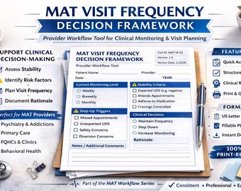 Puede incluir: Un documento titulado "MAT VISIT FREQUENCY DECISION FRAMEWORK" con un bolígrafo, una taza de café y una pequeña planta. El documento está diseñado para el seguimiento clínico y la planificación de visitas, con secciones para la información del paciente, los niveles de seguimiento y las decisiones clínicas.