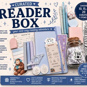 May include: A Curated Reader Box set featuring a light blue journal, pens, a glass jar filled with paper slips labeled TBR, a bookmark with a stack of books, stickers, a page holder, wax seals, and washi tape. The text reads Curated Reader Box.