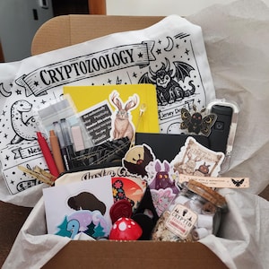 May include: A cardboard box filled with stationery and accessories, including a white pouch labeled CRYPTOZOOLOGY, a yellow notebook, pens, stickers featuring creatures, a glass jar labeled CRYPTID EVIDENCE, and a red mushroom-shaped object.