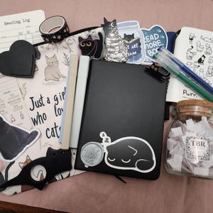 Puede incluir: Una colecci&oacute;n de art&iacute;culos de papeler&iacute;a que incluye un cuaderno negro, un estuche con motivos de gatos, varias pegatinas de gatos, un frasco de vidrio lleno de peque&ntilde;os papeles con la etiqueta TBR, dos marcadores, cinta washi y hojas de registro.