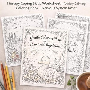 May include: A collection of printable coloring pages for emotional regulation, featuring line art illustrations of nature scenes and a duck. The pages are accompanied by colored pencils and text that reads "Emotional Regulation Coloring Pages Printable PDF".