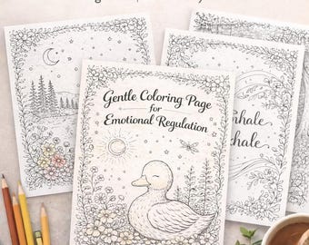 May include: A collection of printable coloring pages for emotional regulation, featuring line art illustrations of nature scenes and a duck. The pages are accompanied by colored pencils and text that reads "Emotional Regulation Coloring Pages Printable PDF".