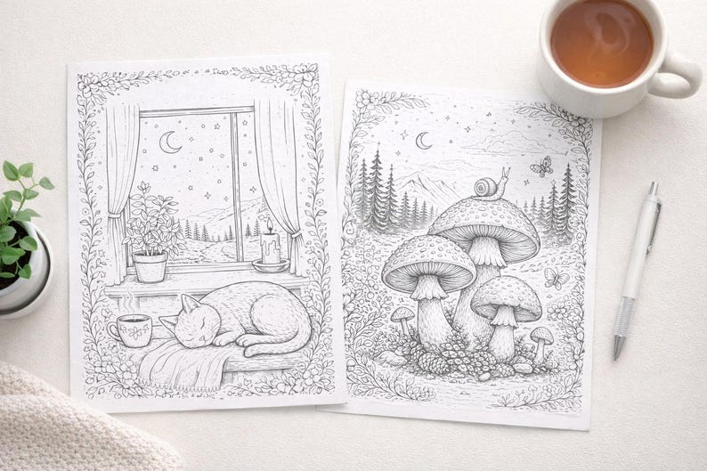 May include: Two black and white coloring book pages with nature scenes. One features a cat sleeping by a window, the other shows mushrooms and a snail. A cup of tea and a pen are also visible.
