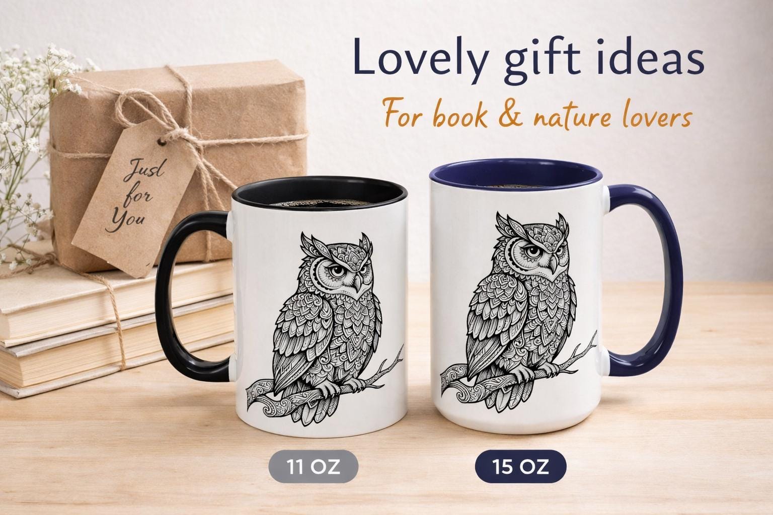 Owl Mug Black Ink Design, Cottagecore Coffee Mug, Book Lover Gift, Witchy Owl Cup, Nature Art Mug, G