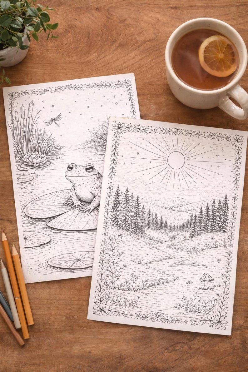 May include: Two black and white coloring pages with nature scenes, including a frog on a lily pad and a forest landscape, are displayed on a wooden surface. A cup of tea with a lemon slice and colored pencils are also present.