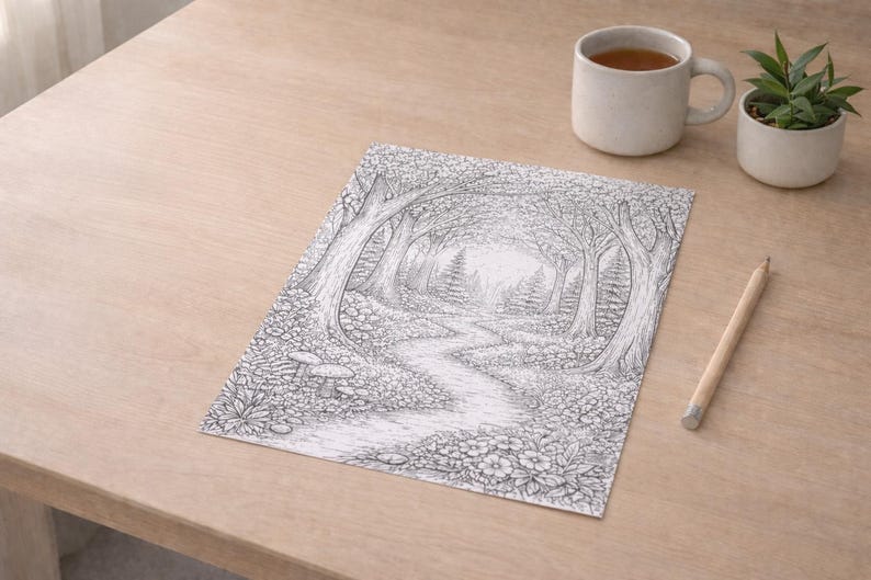 May include: Black and white forest path drawing with detailed trees, flowers, and mushrooms. A cup of tea, a small potted plant, and a pencil are on a light wood surface.