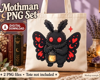 May include: A beige canvas tote bag featuring a graphic illustration of a fluffy black Mothman creature with large red eyes, holding a glowing lantern. The wings are black with red heart and crescent moon accents. Text reads Mothman PNG Set.