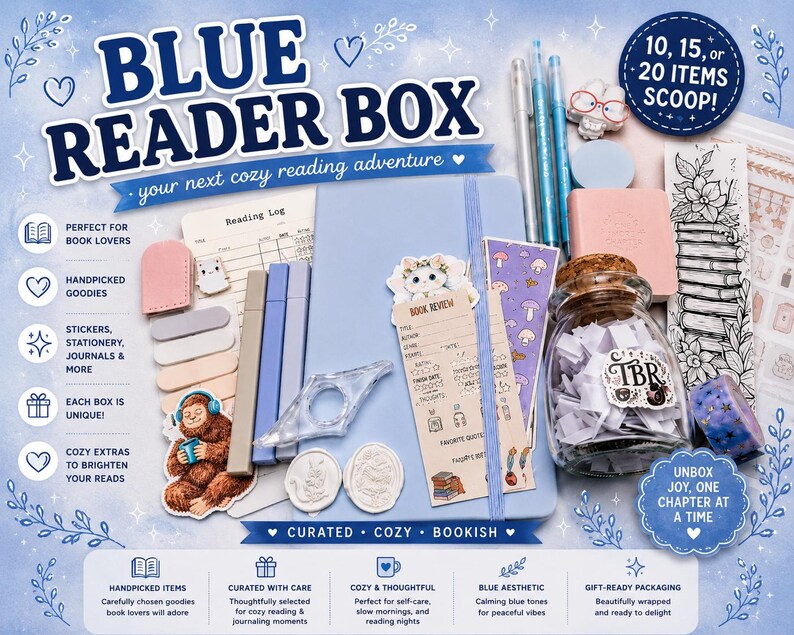 Puede incluir: Un set Blue Reader Box que incluye un diario azul claro, un frasco de vidrio con tiras de papel, bol&iacute;grafos, marcap&aacute;ginas, pegatinas, sellos de cera y papeler&iacute;a. El texto dice Blue Reader Box, 10, 15, or 20 items scoop, TBR y m&aacute;s.
