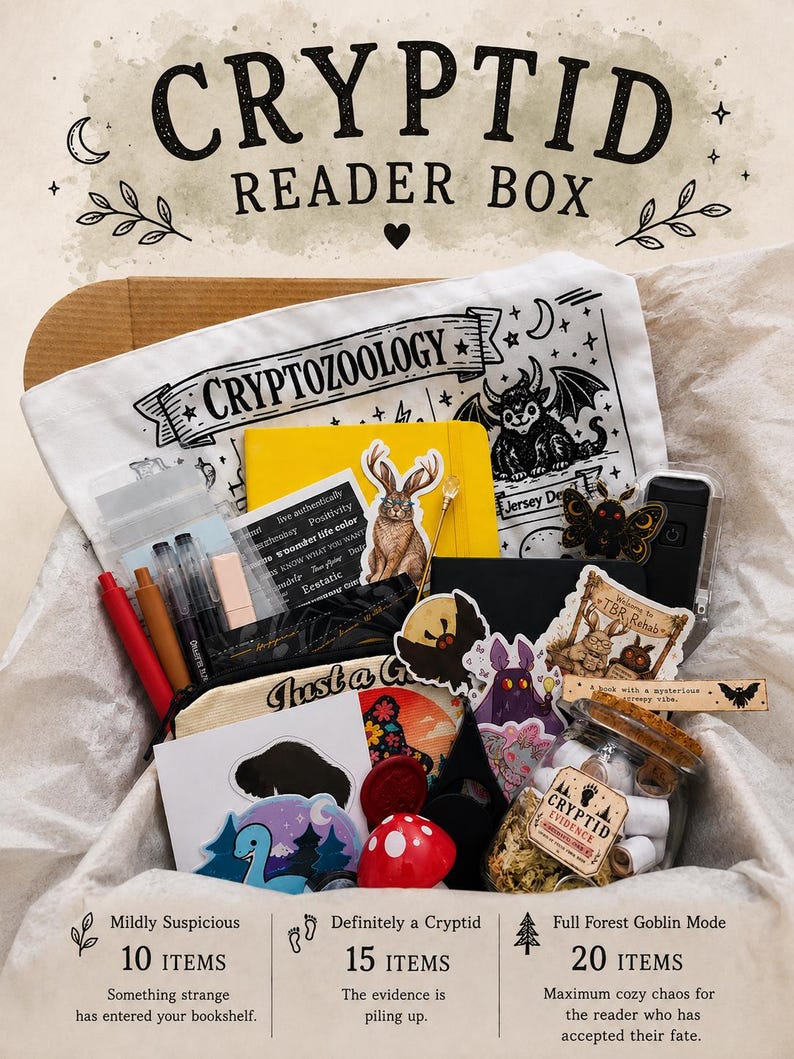 May include: A cardboard box filled with various items including a white tote bag labeled CRYPTOZOOLOGY, a yellow notebook, a glass jar labeled CRYPTID EVIDENCE, several stickers featuring creatures, pens, a red mushroom ornament, and a black pouch.