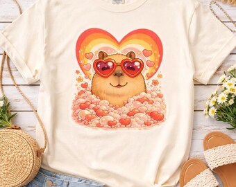 May include: Cream-colored t-shirt featuring a cartoon capybara wearing heart-shaped sunglasses, set against a rainbow heart and a cloud of hearts. The shirt is styled with denim shorts and sandals.