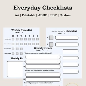 Peut inclure: Document imprimable "Listes de contrôle quotidiennes" de couleur beige clair. Il comprend des listes de contrôle hebdomadaires, des suivis d'objectifs et des invites pour la santé physique et mentale. Le texte comprend "A4 | Printable | ADHD | PDF | Custom" et "Easy Download!"